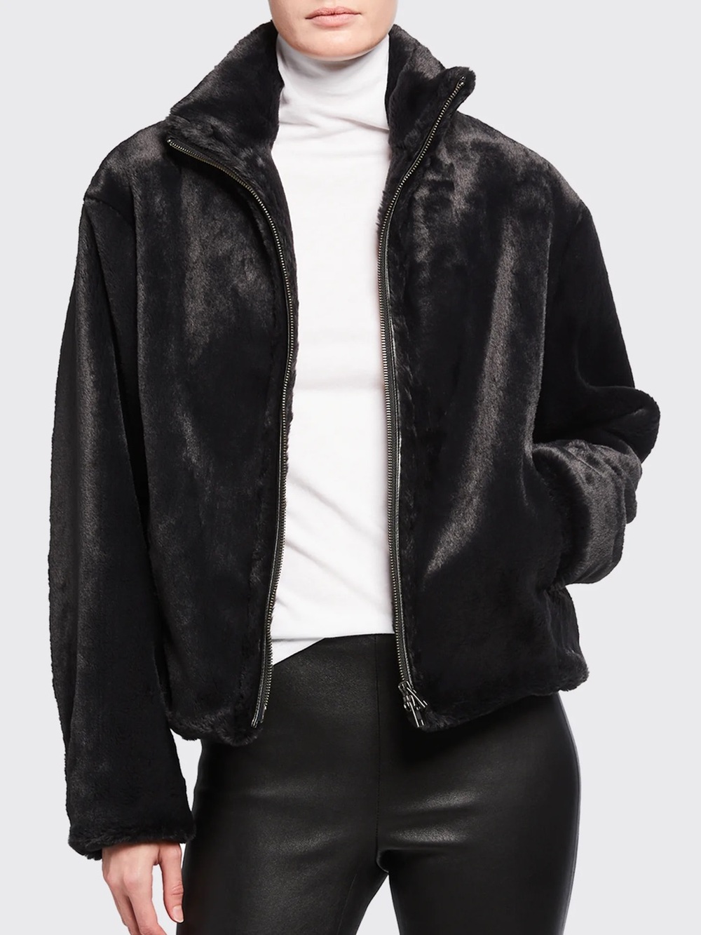 Vince Black Faux Fur Zip Front Jacket XS Luxury Plush Coat